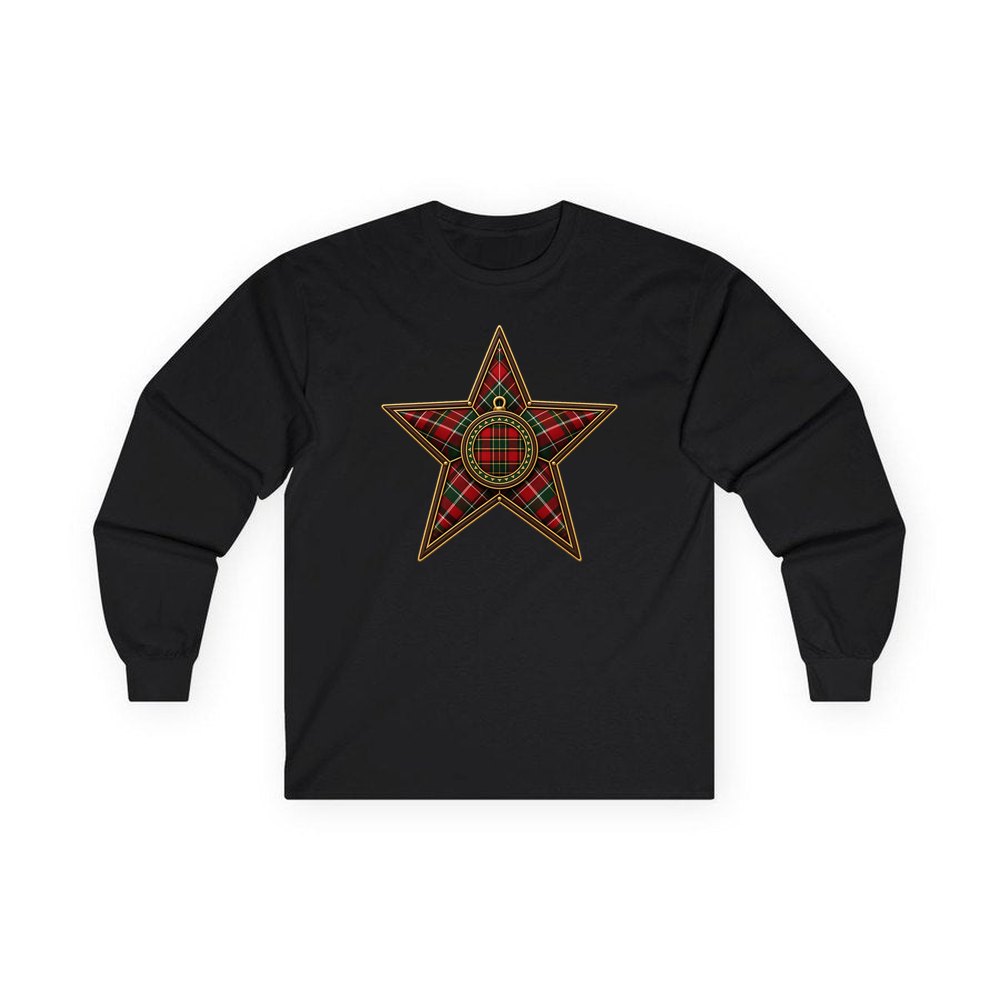 Tartan Star Ornament personalised long sleeve Christmas T-shirt in black