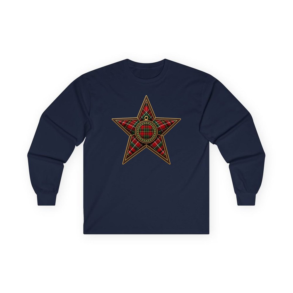 Tartan Star Ornament personalised long sleeve Christmas T-shirt in navy