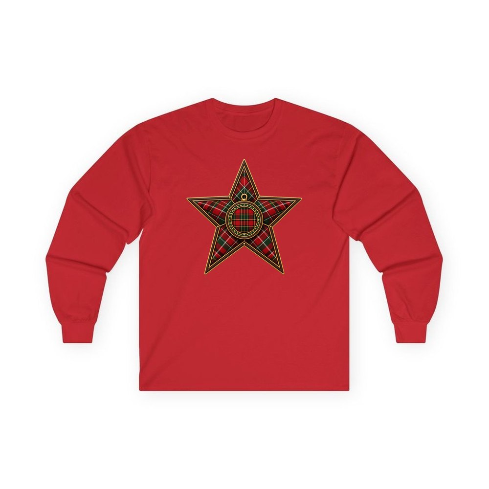 Tartan Star Ornament personalised long sleeve Christmas T-shirt in red