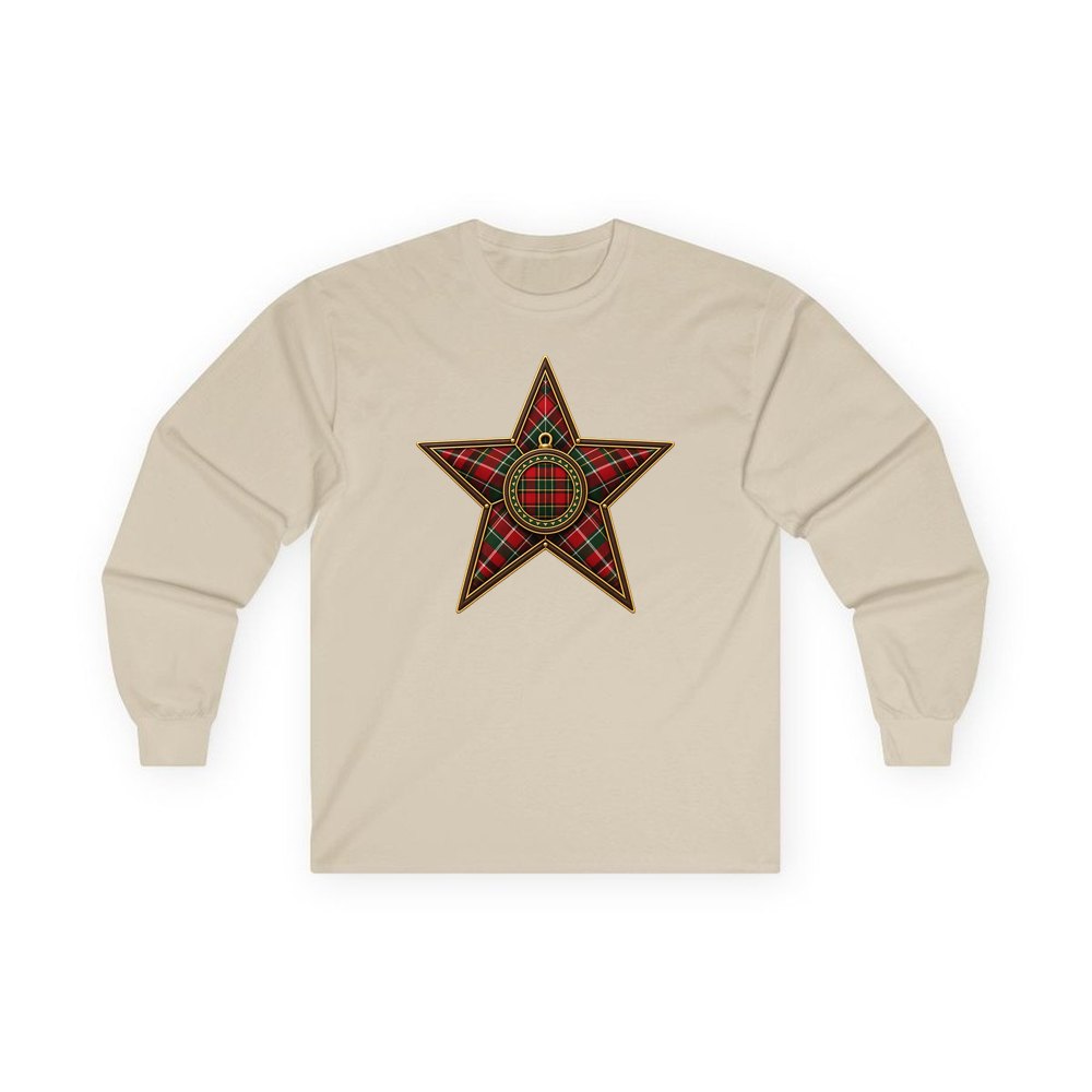 Tartan Star Ornament personalised long sleeve Christmas T-shirt in sand