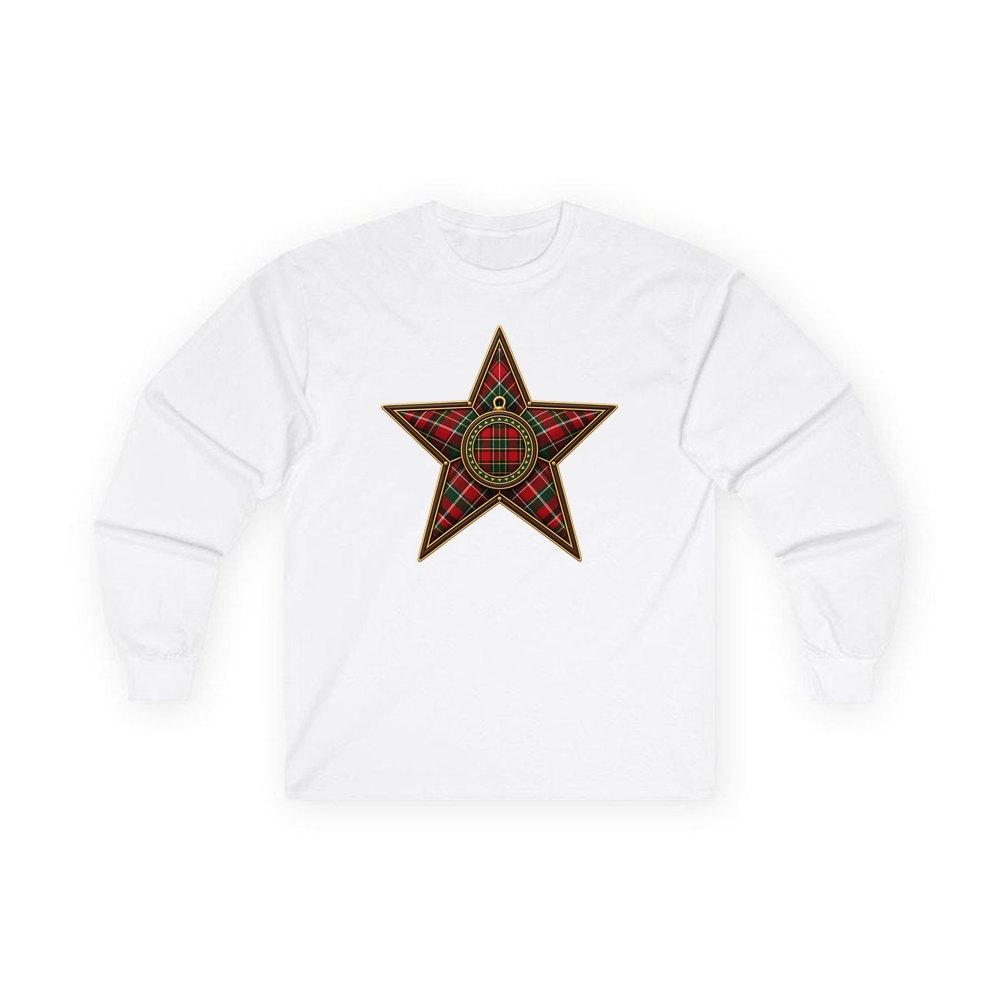 Tartan Star Ornament personalised long sleeve Christmas T-shirt in white