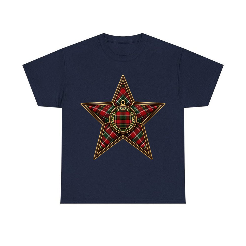 Tartan Star Ornament personalised Christmas T-shirt in navy