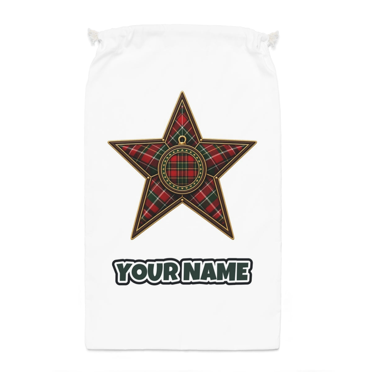 Tartan Star Ornament Santa sack laid flat, showing the full print