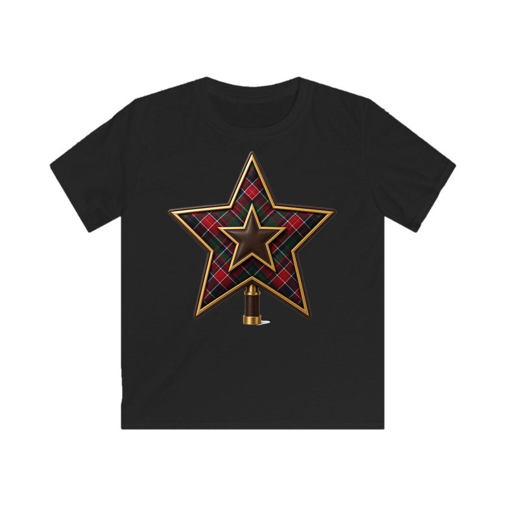 Tartan Star Tree Topper personalised kids Christmas tee in black