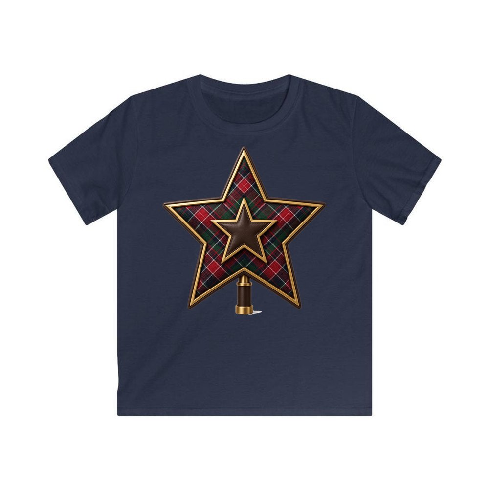 Tartan Star Tree Topper personalised kids Christmas tee in navy