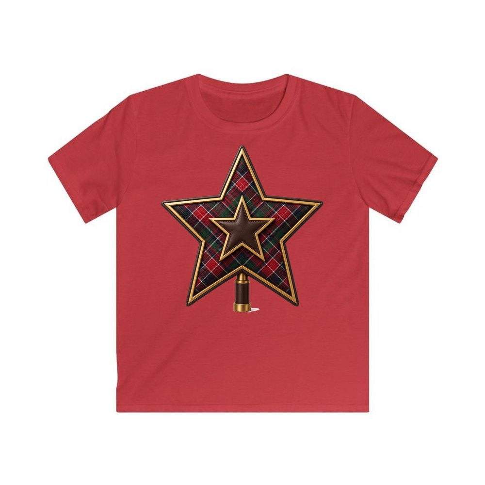 Tartan Star Tree Topper personalised kids Christmas tee in red