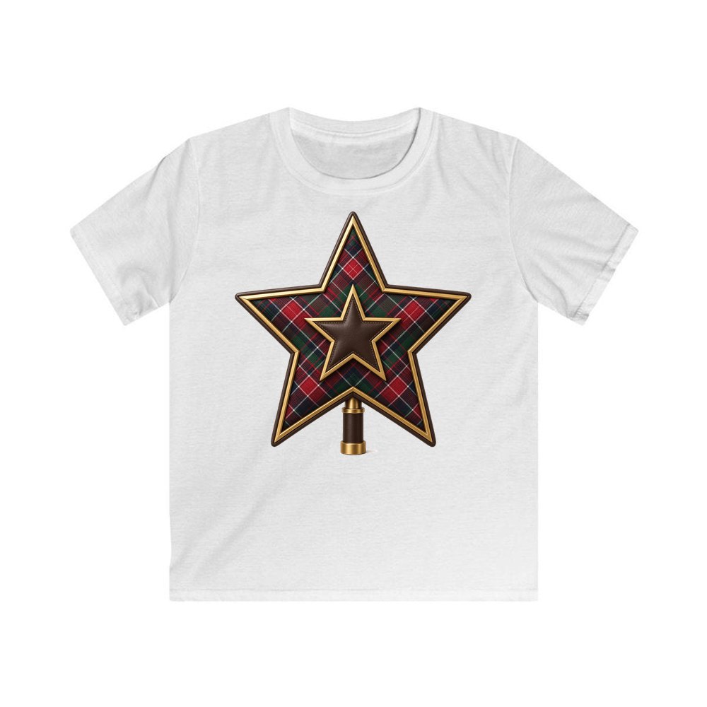 Tartan Star Tree Topper personalised kids Christmas tee in white
