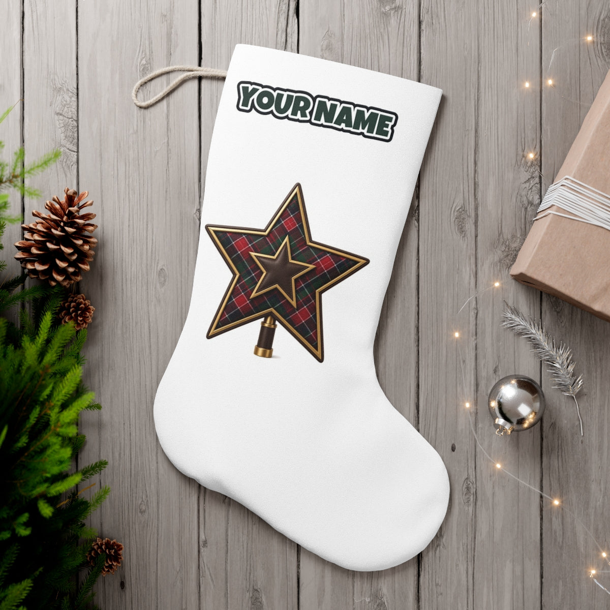 Tartan Star Tree Topper personalised Christmas stocking, white, with the name across the top