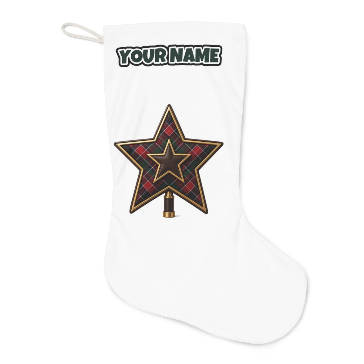 Tartan Star Tree Topper Christmas stocking laid flat, showing the full print