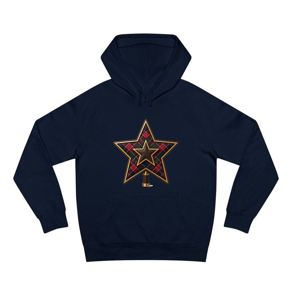 Tartan Star Tree Topper personalised Christmas hoodie in navy
