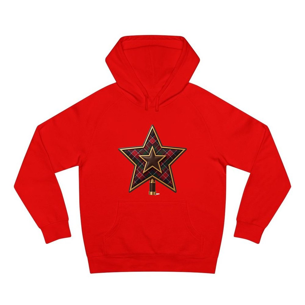 Tartan Star Tree Topper personalised Christmas hoodie in red