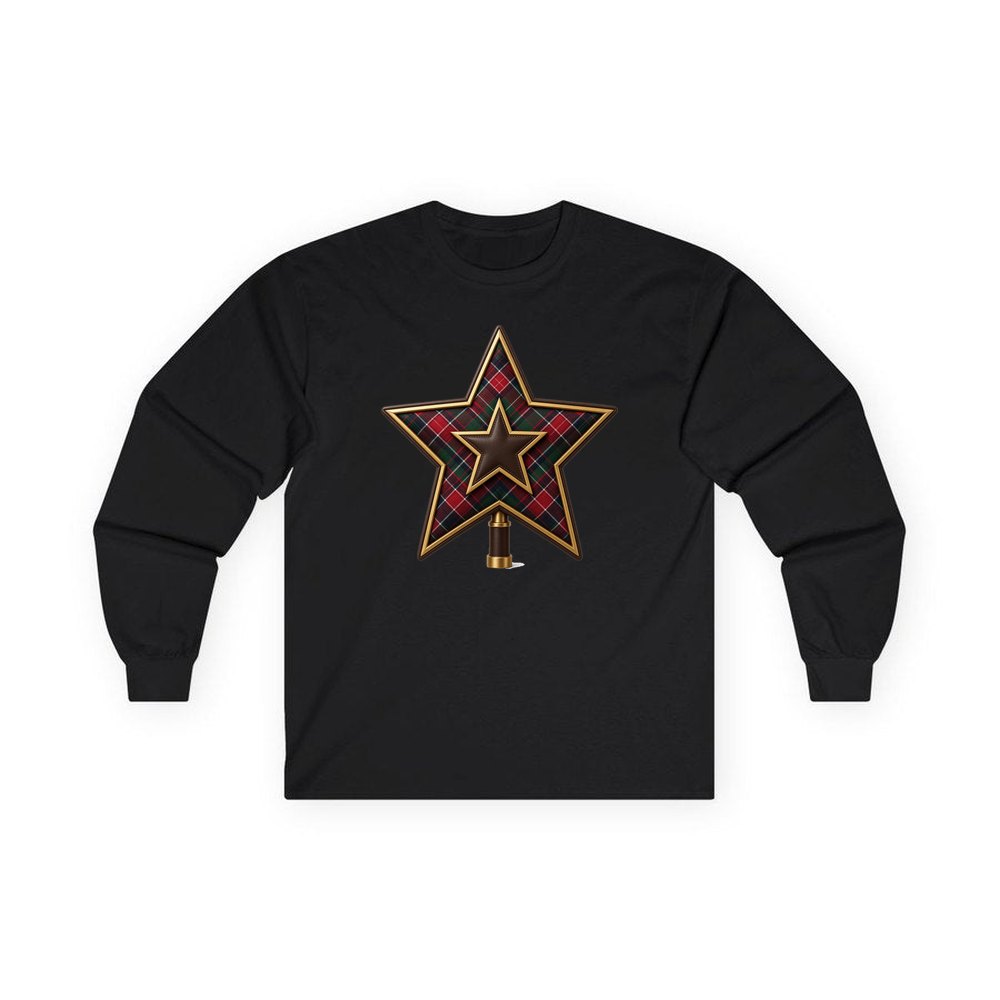 Tartan Star Tree Topper personalised long sleeve Christmas T-shirt in black