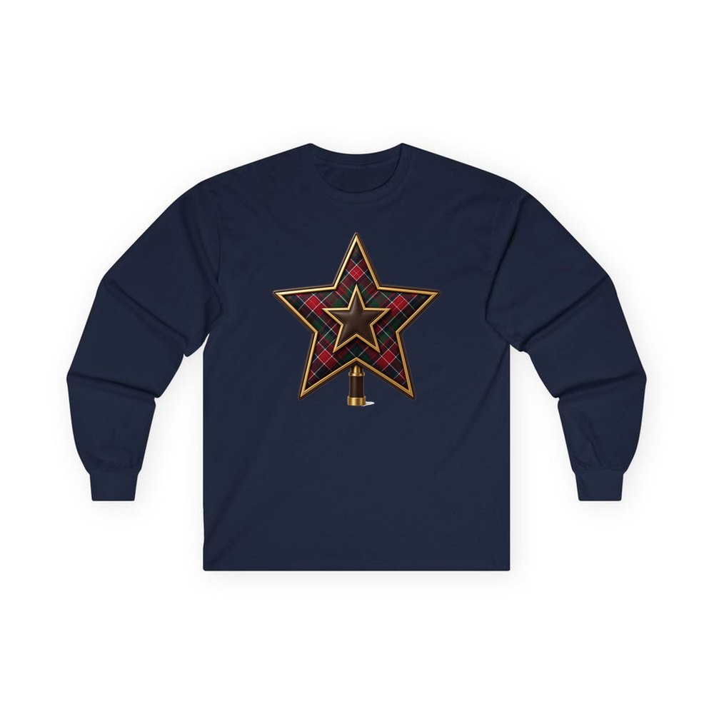 Tartan Star Tree Topper personalised long sleeve Christmas T-shirt in navy