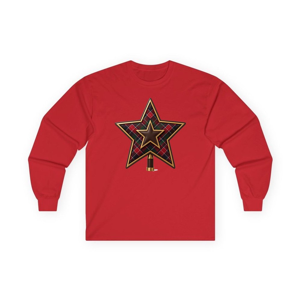 Tartan Star Tree Topper personalised long sleeve Christmas T-shirt in red