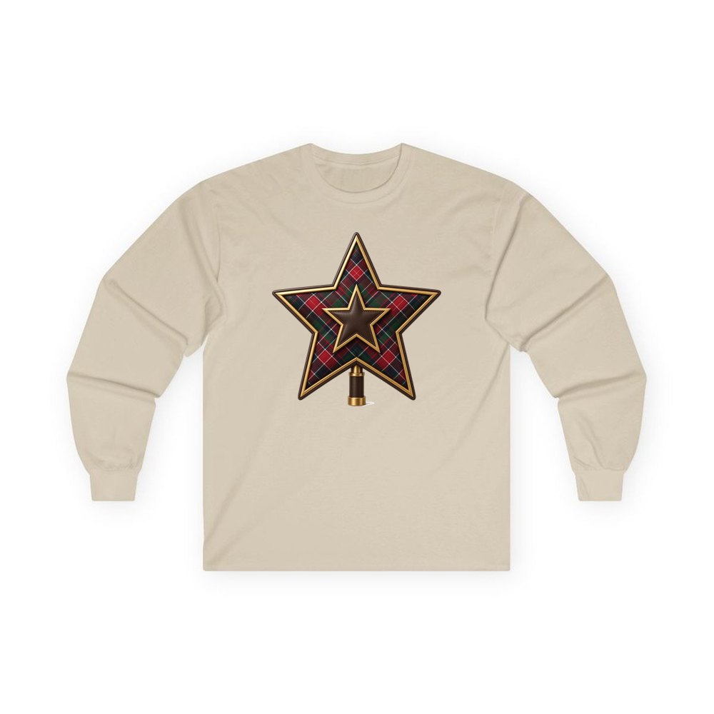 Tartan Star Tree Topper personalised long sleeve Christmas T-shirt in sand