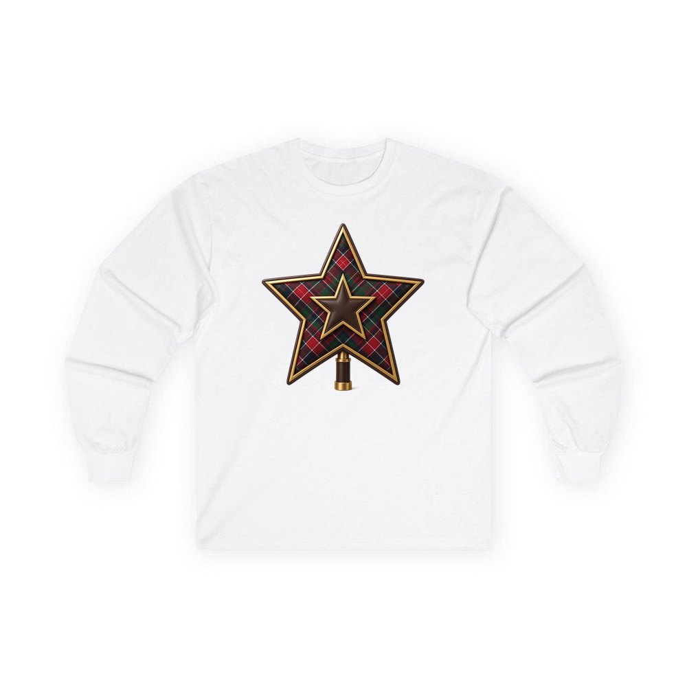 Tartan Star Tree Topper personalised long sleeve Christmas T-shirt in white