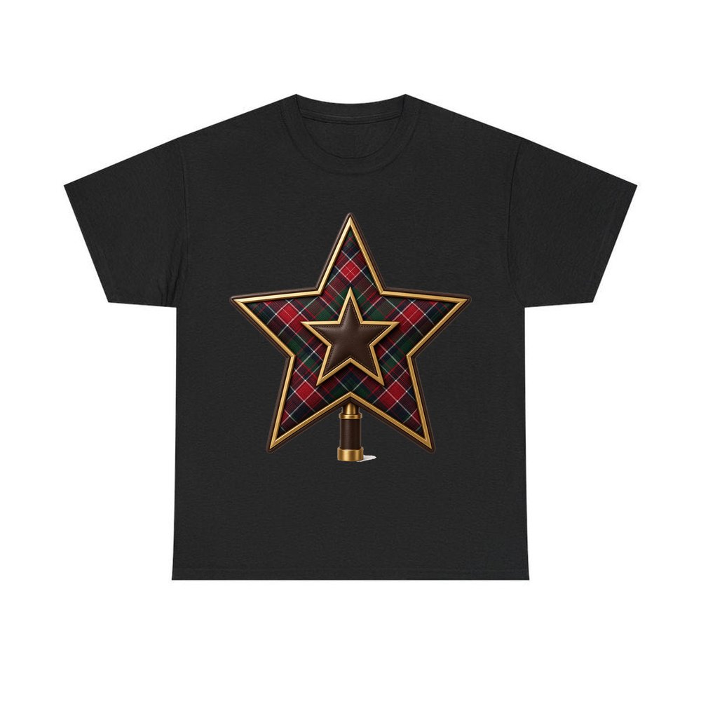 Tartan Star Tree Topper personalised Christmas T-shirt in black