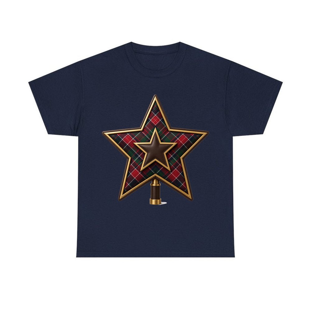 Tartan Star Tree Topper personalised Christmas T-shirt in navy