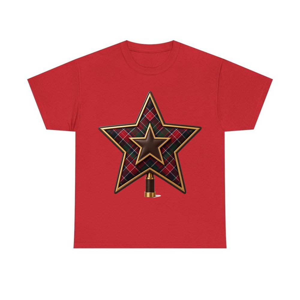 Tartan Star Tree Topper personalised Christmas T-shirt in red