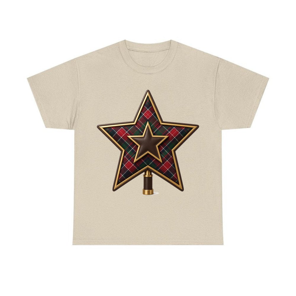 Tartan Star Tree Topper personalised Christmas T-shirt in sand