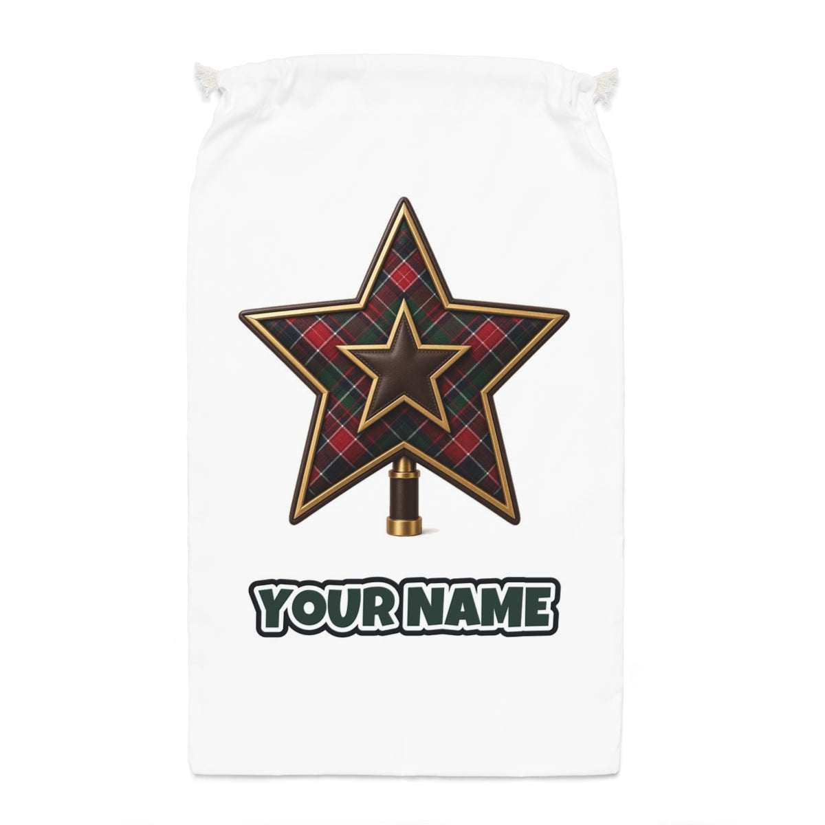 Tartan Star Tree Topper Santa sack laid flat, showing the full print