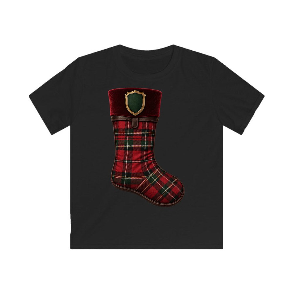 Tartan Velvet Christmas Stocking personalised kids Christmas tee in black