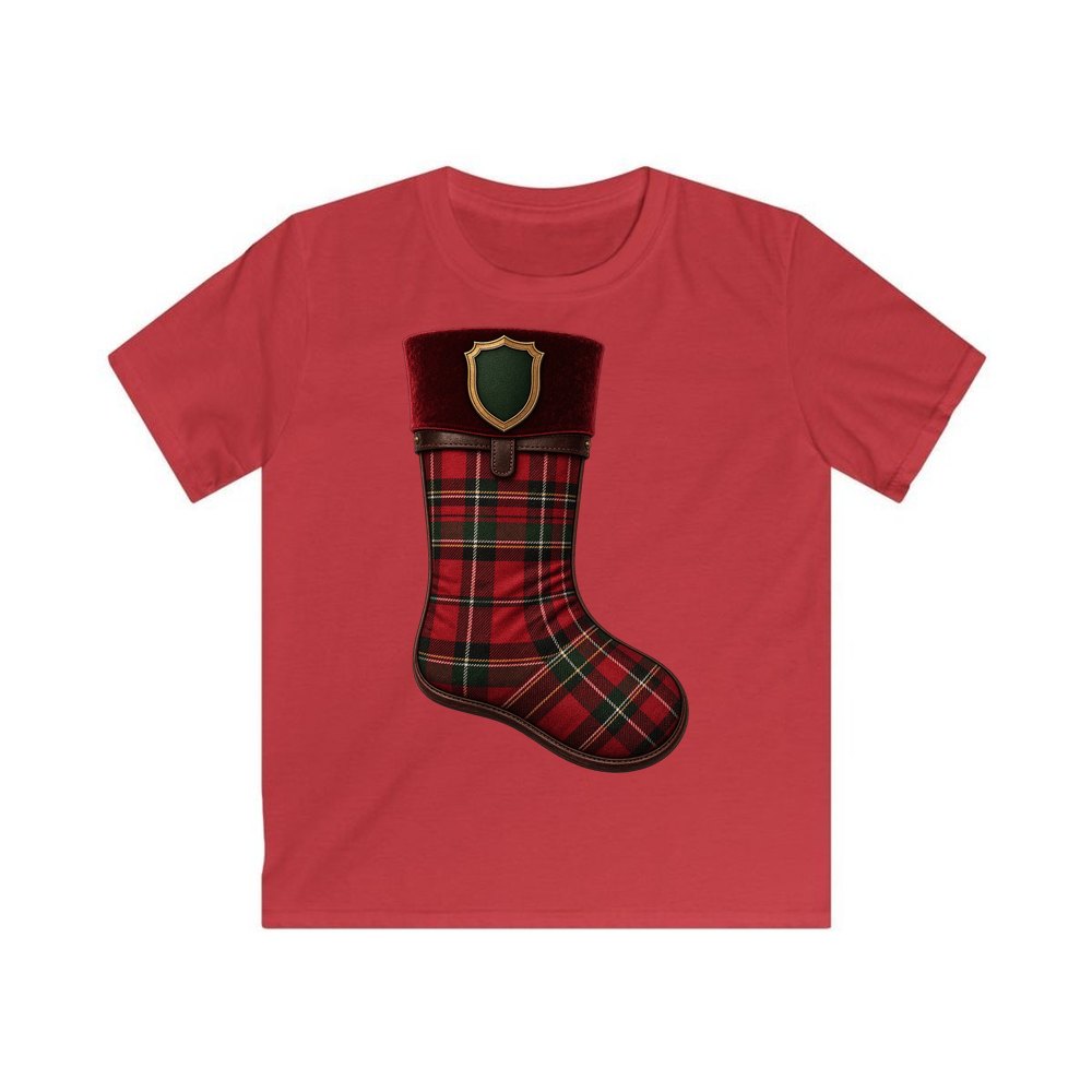 Tartan Velvet Christmas Stocking personalised kids Christmas tee in red