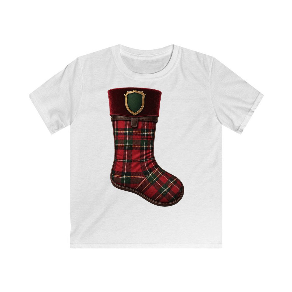 Tartan Velvet Christmas Stocking personalised kids Christmas tee in white