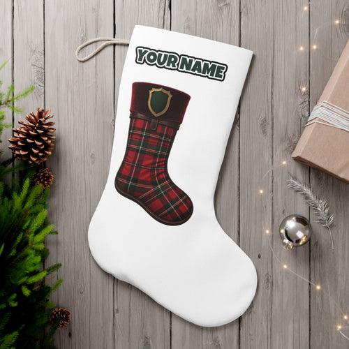 Tartan Velvet Christmas Stocking personalised Christmas stocking, white, with the name across the top