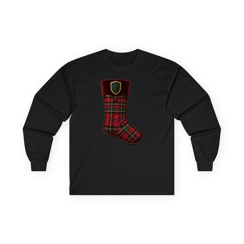 Tartan Velvet Christmas Stocking personalised long sleeve Christmas T-shirt in black