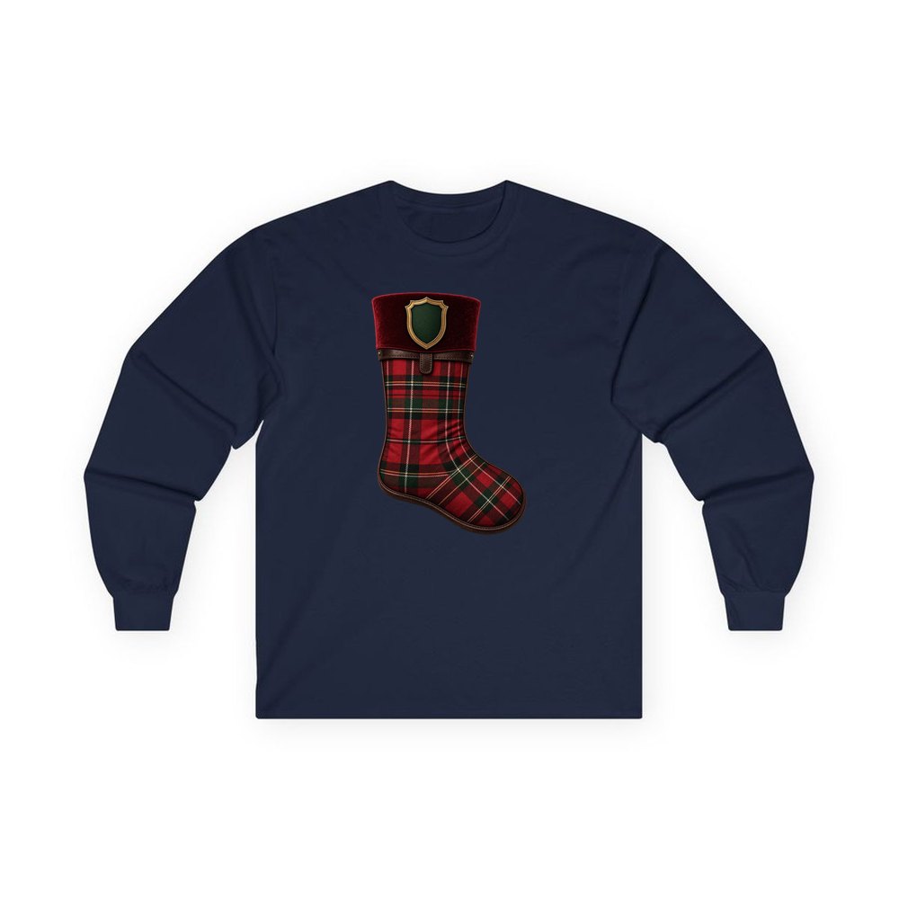 Tartan Velvet Christmas Stocking personalised long sleeve Christmas T-shirt in navy