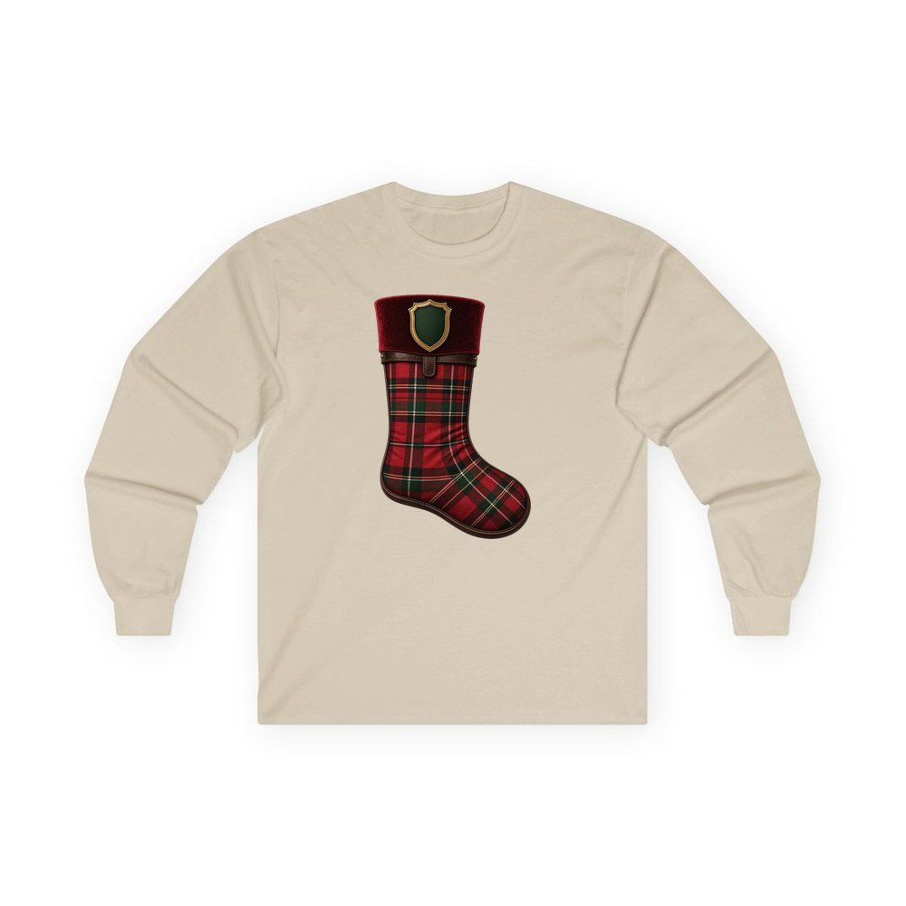 Tartan Velvet Christmas Stocking personalised long sleeve Christmas T-shirt in sand