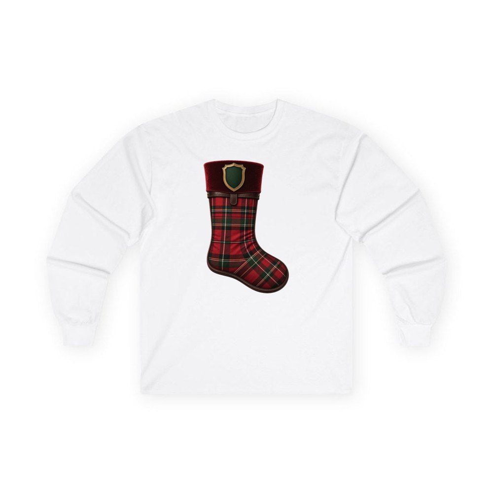 Tartan Velvet Christmas Stocking personalised long sleeve Christmas T-shirt in white