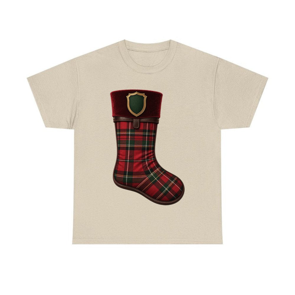 Tartan Velvet Christmas Stocking personalised Christmas T-shirt in sand