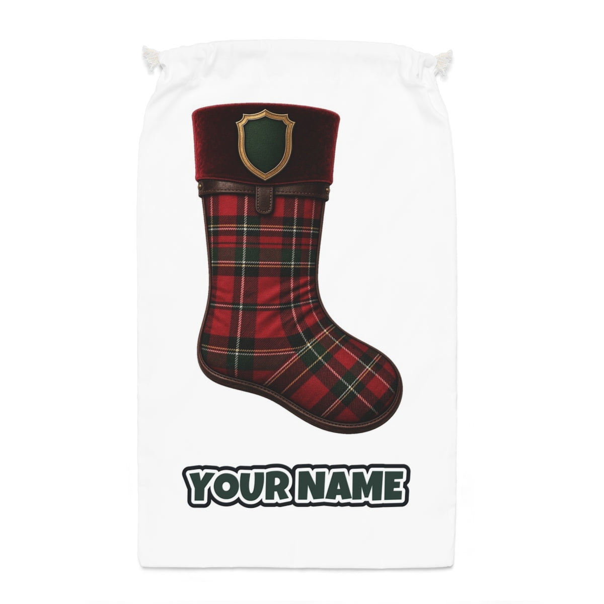 Tartan Velvet Christmas Stocking Santa sack laid flat, showing the full print