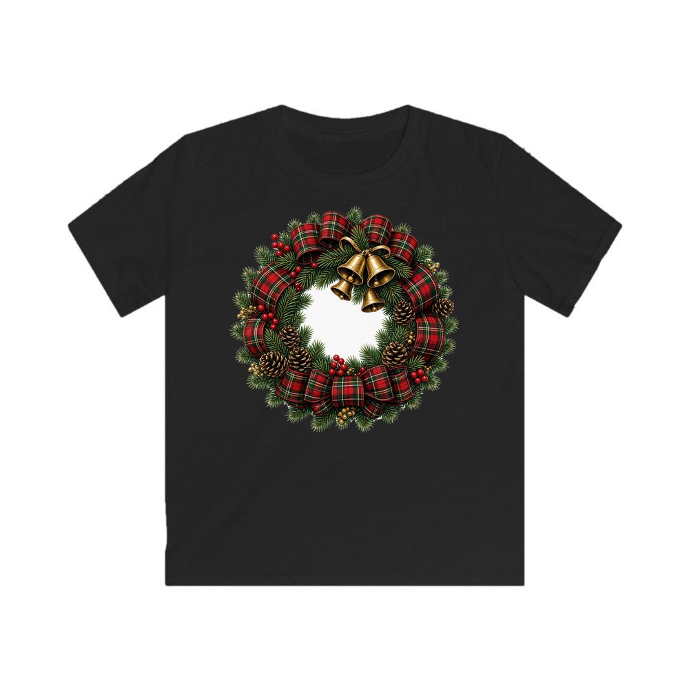 Tartan Wreath with Brass Bells personalised kids Christmas tee in black