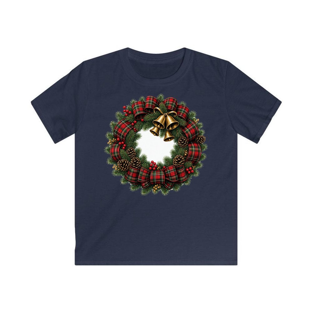 Tartan Wreath with Brass Bells personalised kids Christmas tee in navy