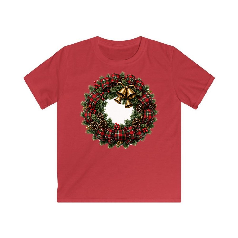 Tartan Wreath with Brass Bells personalised kids Christmas tee in red
