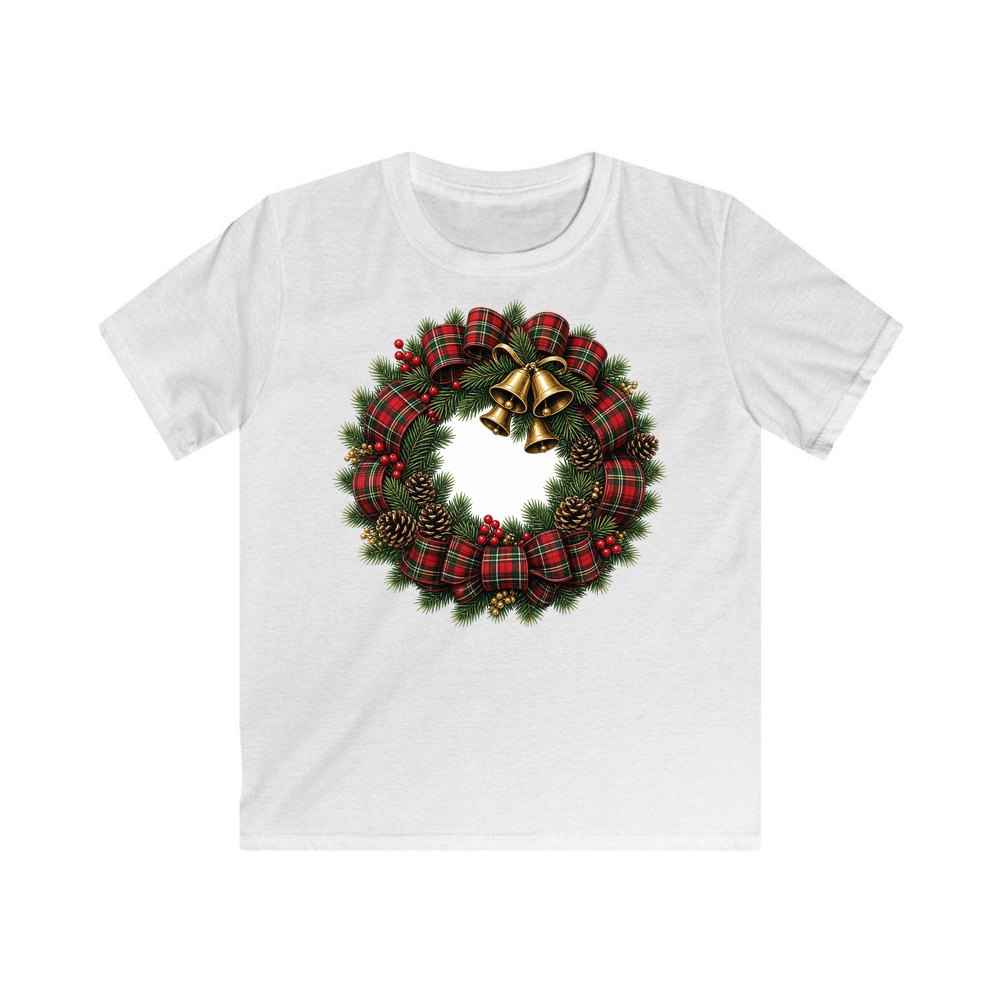 Tartan Wreath With Brass Bells Kids Christmas Tee design on a white kids tee