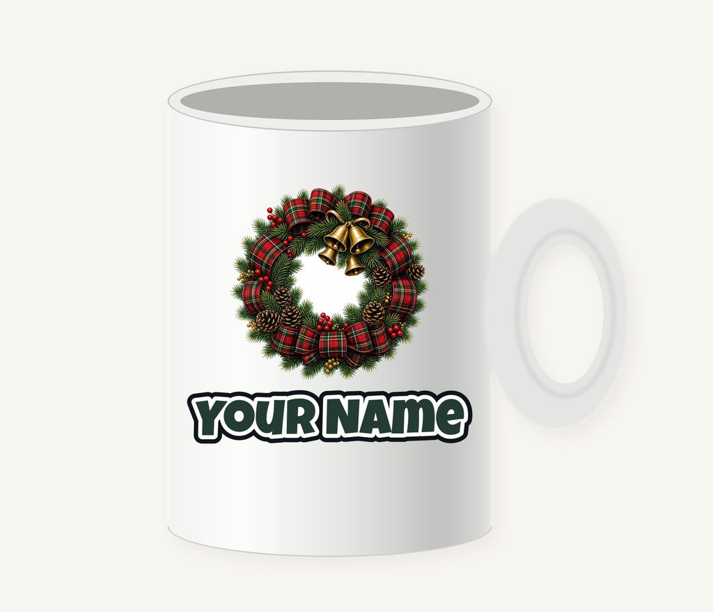 Tartan Wreath with Brass Bells Personalised Christmas Mug