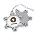 Tartan Wreath with Brass Bells personalised pewter snowflake Christmas ornament, front and back, with a name under the design