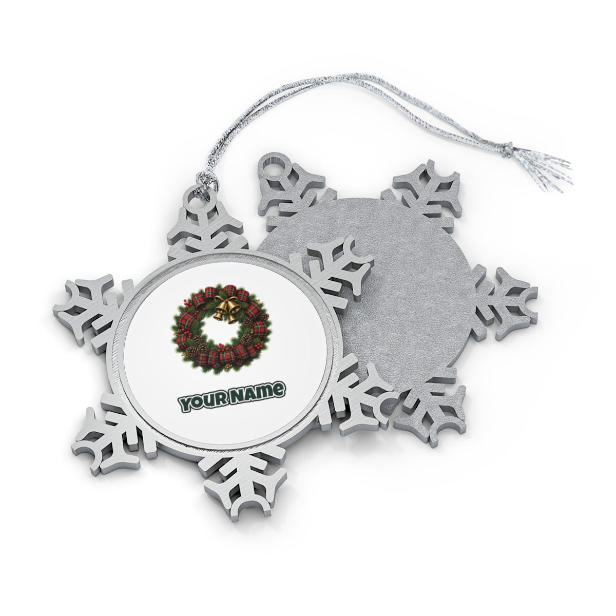 Tartan Wreath with Brass Bells personalised pewter snowflake Christmas ornament, front and back, with a name under the design