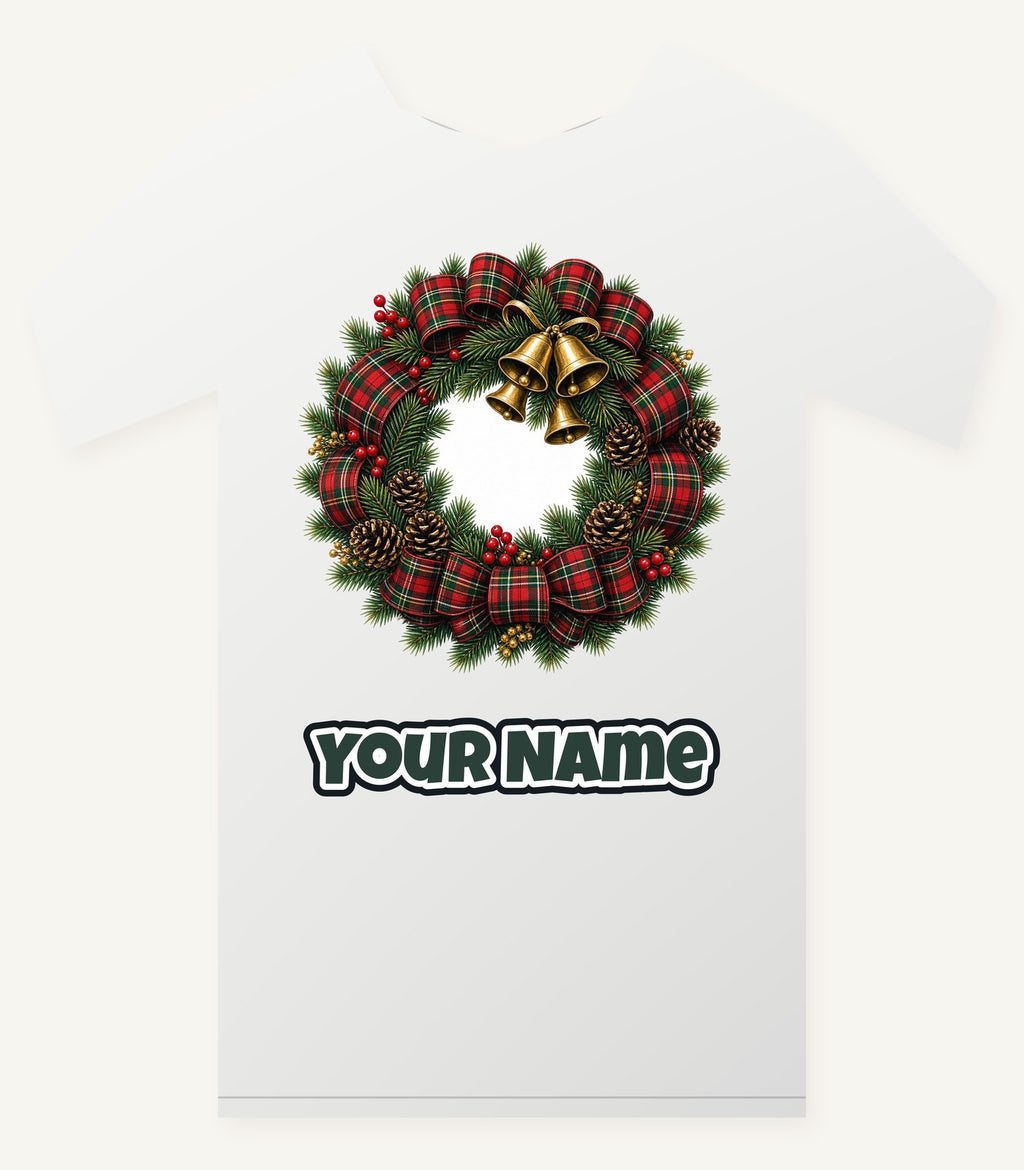 Tartan Wreath with Brass Bells Personalised Christmas T-Shirt and Hoodie