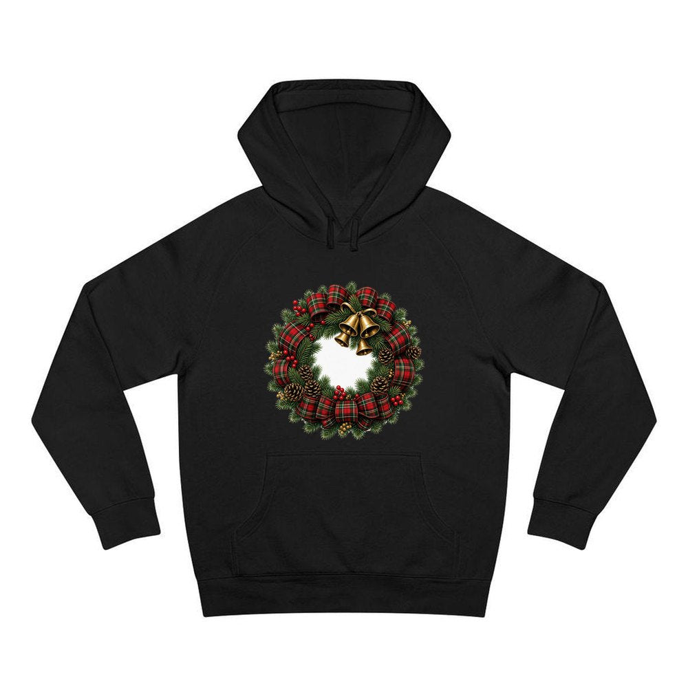 Tartan Wreath with Brass Bells personalised Christmas hoodie in black