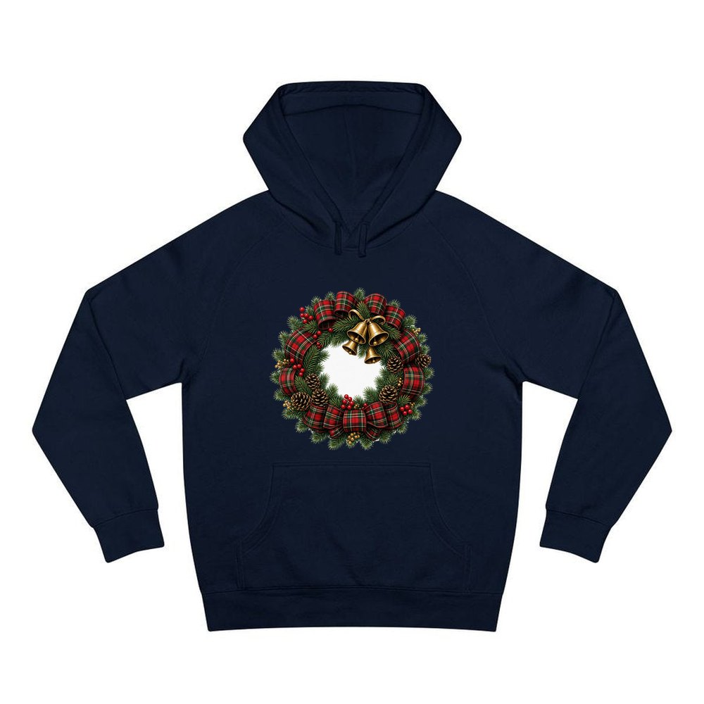 Tartan Wreath with Brass Bells personalised Christmas hoodie in navy