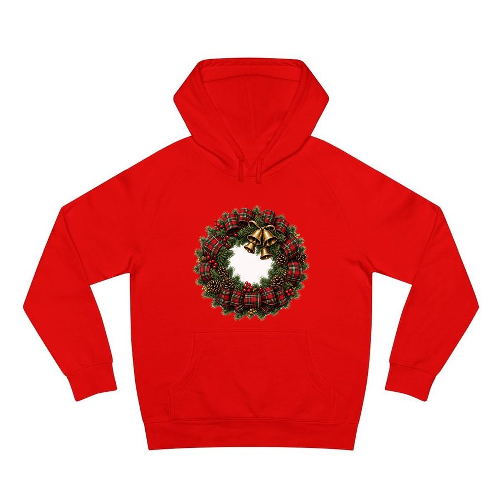 Tartan Wreath with Brass Bells personalised Christmas hoodie in red