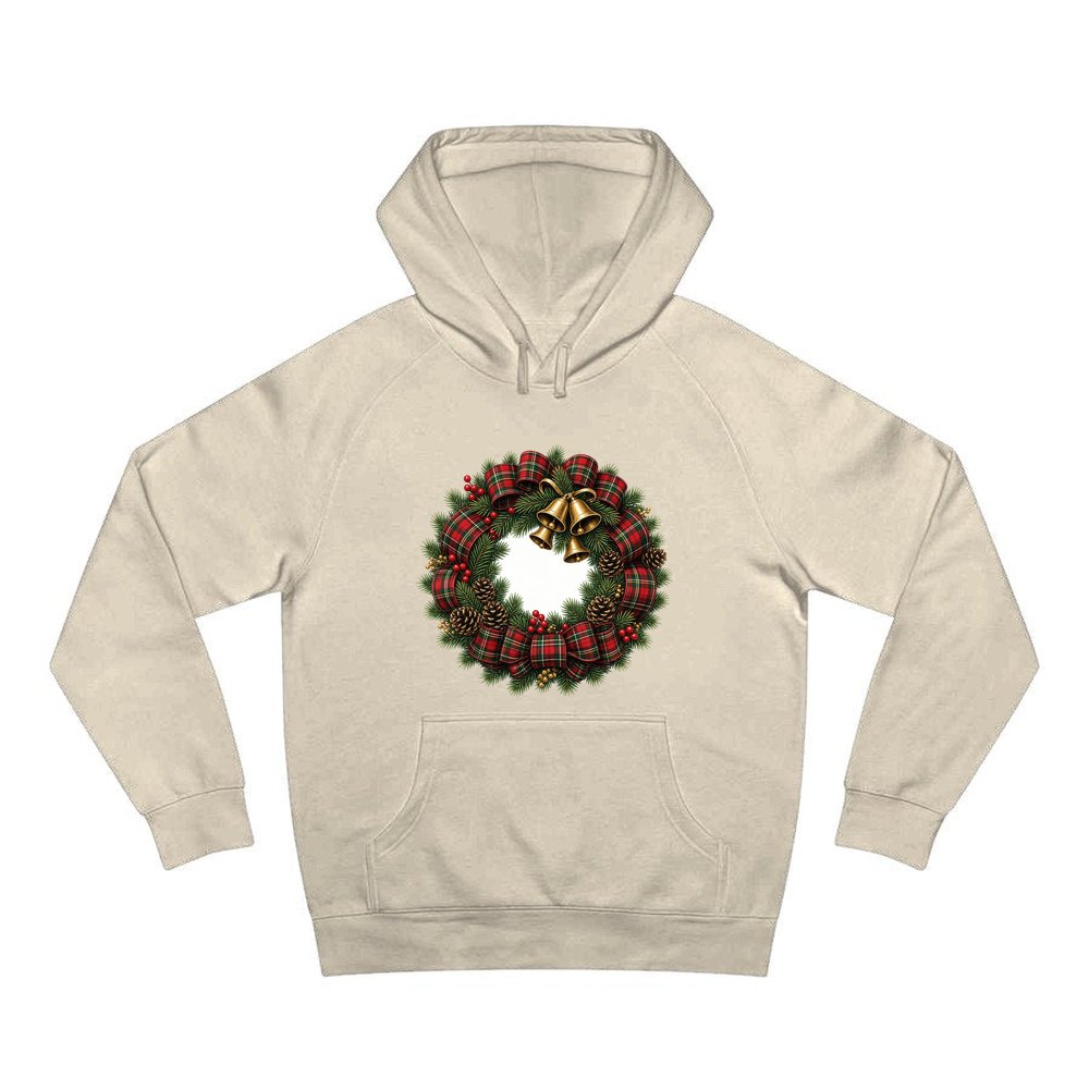 Tartan Wreath with Brass Bells personalised Christmas hoodie in sand