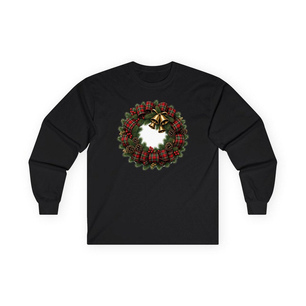 Tartan Wreath with Brass Bells personalised long sleeve Christmas T-shirt in black