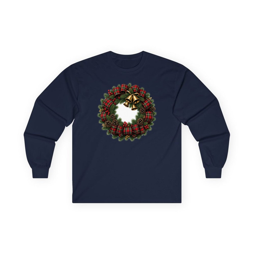 Tartan Wreath with Brass Bells personalised long sleeve Christmas T-shirt in navy