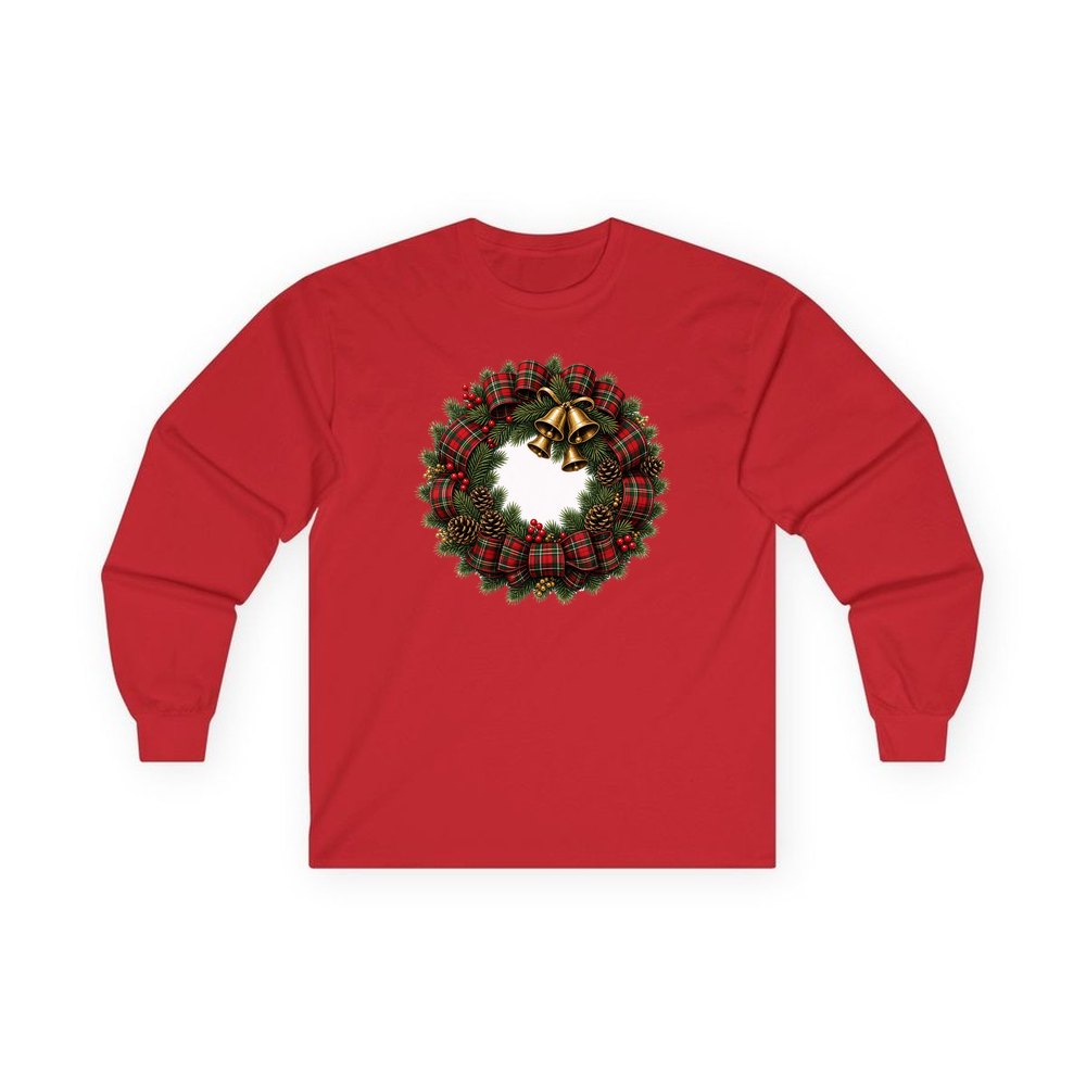 Tartan Wreath with Brass Bells personalised long sleeve Christmas T-shirt in red